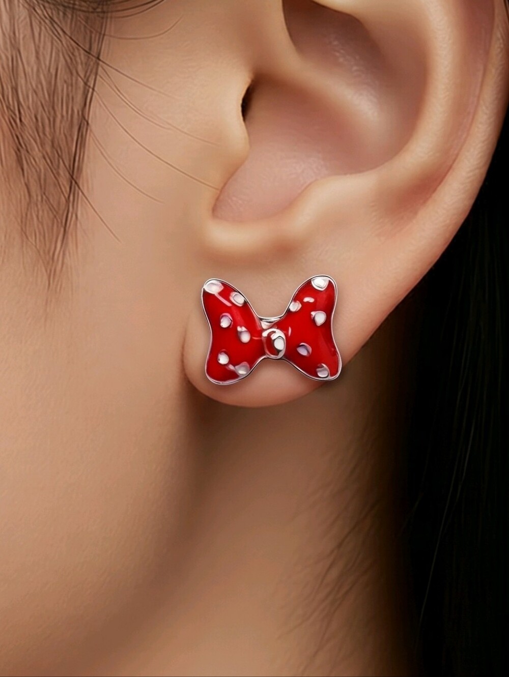 Red Polka Dot Minnie Bow Stud Earrings Tiny Gold Dainty Nostalgic
